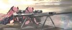  2girls aiming anti-materiel_rifle barrett_m82 battleship_(movie) bipod black_coat black_gloves clone coat fingerless_gloves girls&#039;_frontline gloves gun hooded_coat long_hair lying m82a1_(girls&#039;_frontline) multiple_girls on_stomach parody pink_eyes pink_hair rifle scene_reference scope sniper_rifle tab_(tabkun) weapon 