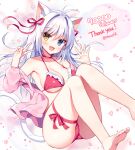  1girl :d aina_rive animal_ear_fluff animal_ears armpits ass bare_shoulders barefoot bikini blue_eyes breasts cat_ears cat_girl cat_tail choker cleavage frilled_bikini frills hair_ribbon halterneck hands_up heterochromia jacket knees_up long_hair looking_at_viewer mauve medium_breasts milestone_celebration off_shoulder open_clothes open_jacket open_mouth original pink_jacket red_bikini red_choker ribbon smile solo string_bikini swimsuit tail thank_you thigh_strap thighs v white_hair yellow_eyes 