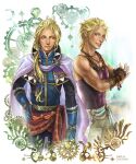  2boys blonde_hair blue_eyes bracelet brothers cape cocoon_(yuming4976) earrings edgar_roni_figaro final_fantasy final_fantasy_vi fingerless_gloves gears gloves grin hair_ribbon hand_on_hip jewelry king long_hair long_sleeves looking_at_viewer looking_to_the_side male_focus mash_rene_figaro monk multiple_boys muscular muscular_male pants ponytail ribbon short_hair siblings smile tank_top twins 
