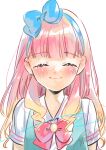  1girl absurdres aikatsu!_(series) aikatsu_friends! blonde_hair blue_bow blue_hairband blue_vest blush bow bow_hairband bowtie closed_mouth facing_viewer geshumaro gradient_hair hair_bow hairband highres long_hair multicolored_hair pink_hair red_bow red_neckwear shirt short_sleeves signature smile solo tears upper_body vest white_shirt yuuki_aine 