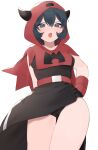  1girl :o bangs belt belt_buckle black_hair blush breasts buckle commentary_request courtney_(pokemon) fake_horns from_below gloves grey_eyes hair_between_eyes hand_on_hip highres hood hood_up horns looking_at_viewer nagoooon_114 open_mouth pokemon pokemon_(game) pokemon_rse red_belt short_hair simple_background solo team_magma team_magma_uniform tongue white_background 