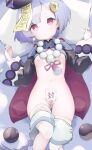  1girl bead_necklace beads coin_hair_ornament earrings genshin_impact hat highres jewelry jiangshi long_sleeves looking_at_viewer lying necklace on_back on_bed purple_eyes purple_hair qing_guanmao qiqi_(genshin_impact) shiomikaze solo white_legwear wide_sleeves 