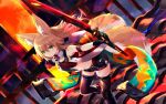  1girl animal_ear_fluff animal_ears arm_strap bare_shoulders black_gloves black_legwear black_shorts blonde_hair boots crop_top fox_ears fox_girl fox_tail gloves green_eyes highres holding holding_sword holding_weapon jacket kokonoe_tsubaki long_hair looking_at_viewer midriff multiple_tails navel open_clothes open_jacket original outstretched_arms revealing_clothes short_shorts shorts sleeveless sleeveless_jacket solo sword tail thighhighs two_tails v-shaped_eyebrows weapon yoshizawa_tsubaki 