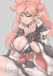  baiken bandages bangs breasts cleavage eyepatch facial_tattoo grey_background guilty_gear high_ponytail highres hilt jacket jacket_on_shoulders japanese_clothes katana looking_at_viewer looking_to_the_side one_eye_closed parted_lips pink_eyes pink_hair pipe pota_(nabrinko) rope scar scar_across_eye shimenawa sword tattoo weapon 
