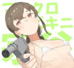  1girl aiming aiming_at_viewer background_text bikini braid breasts brown_hair co_botan commentary_request finger_on_trigger gun holding holding_gun holding_weapon kantai_collection long_hair looking_at_viewer micro_bikini orange_eyes single_braid small_breasts solo souya_(kancolle) sun swimsuit upper_body weapon white_background white_bikini 