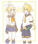  1boy 1girl :o aether_(genshin_impact) ahoge black_legwear black_sailor_collar black_shorts blonde_hair bow braid brother_and_sister cosplay detached_sleeves earrings genshin_impact hair_bow headphones headset highres jewelry kagamine_len kagamine_len_(cosplay) kagamine_rin kagamine_rin_(cosplay) long_hair lumine_(genshin_impact) neckerchief necktie sailor_collar school_uniform serafuku short_hair_with_long_locks short_sleeves shorts siblings single_braid single_earring sleeveless tamakibi vocaloid white_bow yellow_eyes yellow_neckwear 