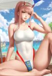 1girl 2boys artist_name barefoot beach blue_sky breasts cloud collarbone commentary darling_in_the_franxx day english_commentary gorou_(darling_in_the_franxx) green_eyes highleg highleg_swimsuit highres horns legs lips long_hair looking_at_viewer medium_breasts multiple_boys one-piece_swimsuit ponytail red_horns sciamano240 sitting sky smile summer swimsuit thighs white_swimsuit zero_two_(darling_in_the_franxx) zorome_(darling_in_the_franxx) 