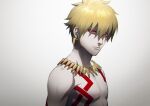  1boy absurdres blonde_hair chest_tattoo earrings fate/hollow_ataraxia fate_(series) frown gilgamesh_(fate) glaring glowing glowing_eyes hair_down highres jewelry looking_at_viewer male_focus mosako necklace red_eyes slit_pupils tattoo 