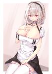  1girl alternate_costume artist_name azur_lane blush breasts cleavage closed_mouth collarbone eyebrows_visible_through_hair hairband hand_on_breast hand_on_thigh highres large_breasts looking_at_viewer lows. maid medium_hair purple_eyes silver_hair simple_background sirius_(azur_lane) sitting smile solo thighhighs white_legwear 