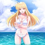  1girl bikini blonde_hair blue_sky breasts cleavage cloud commentary_request day fate_testarossa horizon large_breasts long_hair looking_at_viewer lowleg lowleg_bikini lyrical_nanoha mahou_shoujo_lyrical_nanoha_strikers ocean open_mouth outdoors red_eyes sky solo sougetsu_izuki standing swimsuit wading water white_bikini 