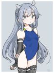  1girl alternate_costume arm_behind_back bangs black_gloves black_legwear blue_hair blue_swimsuit competition_swimsuit elbow_gloves eyebrows_visible_through_hair gloves grey_eyes headgear highres i-203_(kancolle) kantai_collection kosame_(iso) long_hair one-piece_swimsuit parted_lips sidelocks signature simple_background solo swimsuit thighhighs 