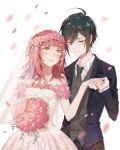  1boy 1girl ahoge alternate_costume bangs black_hair black_jacket blurry blurry_background blush bouquet bridal_veil brown_pants brown_vest collarbone collared_shirt commission couple danganronpa_(series) danganronpa_v3:_killing_harmony dress flower holding holding_bouquet holding_flower holding_hands husband_and_wife jacket long_sleeves looking_at_another medium_hair necktie original pants parted_lips petals pink_flower red_hair saihara_shuuichi saihara_witty_(wittyhu) second-party_source shirt short_hair teeth veil vest wedding wedding_dress wittyhu_(amgeltiga) yellow_eyes 