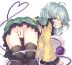  1girl ahoge all_fours anus_peek bangs blush censored commentary_request eyebrows_visible_through_hair feet_out_of_frame frilled_shirt_collar frills from_behind furobai_(onunku) green_eyes green_skirt hair_between_eyes half-closed_eyes heart heart_of_string komeiji_koishi light_green_hair long_sleeves looking_at_viewer looking_back mosaic_censoring no_hat no_headwear nose_blush open_mouth panties panty_pull petticoat pussy shirt skirt solo thighhighs third_eye touhou underwear upskirt wide_sleeves yellow_shirt 