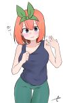  1girl bangs bare_arms bare_shoulders blue_eyes blue_tank_top blush breasts collarbone eyebrows_behind_hair go-toubun_no_hanayome green_pants green_ribbon hair_between_eyes hair_ribbon hands_up head_tilt highres kujou_karasuma looking_at_viewer medium_breasts nakano_yotsuba orange_hair pants parted_lips ribbon signature simple_background solo sweat tank_top thigh_gap translated white_background 