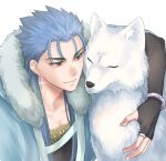  1boy 1other blue_hair bracelet capelet close-up closed_mouth cu_chulainn_(caster)_(fate) cu_chulainn_(fate)_(all) earrings fate/grand_order fate_(series) fur-trimmed_hood fur_trim hood hood_down hooded_capelet jewelry long_hair looking_at_another male_focus red_eyes saku_(saksak1100) simple_background smile spiked_hair white_wolf wolf 