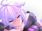  1girl :3 ahoge animal_ear_fluff animal_ears bangs black_collar cat_ears cat_tail chinese_commentary collar collarbone drawstring eyebrows_visible_through_hair hair_between_eyes highres hololive hood hoodie looking_at_viewer lying nekomata_okayu on_stomach purple_eyes purple_hair smile solo tail virtual_youtuber zuo_wei_er 
