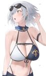  1girl absurdres armlet bare_shoulders bikini bikini_top breasts chest_belt chest_strap cleavage eyewear_on_head green_eyes highres hololive hood_(james_x) large_breasts looking_to_the_side mole mole_on_breast navel shirogane_noel short_hair silver_hair sweat swimsuit virtual_youtuber 