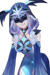  1girl absurdres bare_shoulders cicin_mage_(genshin_impact) collarbone cryo_cicin_mage_(genshin_impact) erlnr fur-trimmed_hood fur_trim gem genshin_impact highres hood mask short_hair simple_background solo tongue tongue_out white_background white_hair 