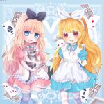  2girls ace_of_hearts ace_of_spades alice_(alice_in_wonderland) alice_in_wonderland animal animal_hug animal_on_shoulder apron arms_behind_back blonde_hair blue_dress blue_eyes bunny card cat child dress dual_persona highres kaname_(tori-toriniku) long_hair multiple_girls open_mouth pantyhose pink_dress playing_card red_eyes ribbon short_sleeves smile striped striped_legwear thighhighs white_apron 