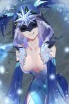  1girl absurdres breasts cicin_mage_(genshin_impact) cleavage cryo_cicin_mage_(genshin_impact) erlnr fur-trimmed_hood fur_trim genshin_impact highres hood huge_filesize large_breasts mask short_hair snowflakes snowing solo tongue tongue_out white_hair 