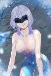  1girl absurdres bare_shoulders breasts cicin_mage_(genshin_impact) collarbone cryo_cicin_mage_(genshin_impact) erlnr genshin_impact highres huge_filesize large_breasts mask partially_undressed short_hair snowflakes snowing solo tongue tongue_out white_hair 
