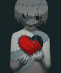  1boy absurdres avogado6 black_eyes closed_mouth completely_nude expressionless green_background grey_hair heart highres hole_in_chest hole_on_body jitome nude original patchwork_skin simple_background solo stitched_arm stitched_face upper_body 