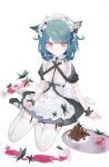  1girl animal_ears bangs blush bug butterfly cat_ears dress eyebrows_visible_through_hair green_hair hair_ornament highres hololive insect looking_at_viewer maid quarter_1404 red_eyes short_hair skull_hair_ornament smile solo uruha_rushia virtual_youtuber 