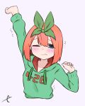  1girl arm_up bangs blue_eyes blush closed_mouth cropped_torso drawstring eyebrows_behind_hair go-toubun_no_hanayome green_hoodie green_ribbon hair_between_eyes hair_ribbon highres hood hood_down hoodie kujou_karasuma long_sleeves looking_at_viewer nakano_yotsuba one_eye_closed pink_background ribbon signature simple_background solo stretch tears trembling upper_body wavy_mouth 