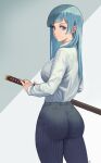  1girl ass bangs blue_eyes blue_hair collared_shirt diagonal_bangs from_behind highres holding holding_sword holding_weapon jujutsu_kaisen light_blue_hair long_hair miwa_kasumi pants pinstripe_pants pinstripe_pattern sheath shirt shirt_tucked_in solo striped sword weapon white_shirt zefrableu 