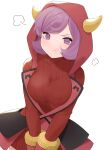  1girl :t =3 bangs blush breasts closed_mouth commentary_request courtney_(pokemon) eyelashes fake_horns gloves highres hood hood_up horns looking_at_viewer nagoooon_114 pokemon pokemon_(game) pokemon_oras pout purple_eyes purple_hair short_hair simple_background solo team_magma team_magma_uniform turtleneck white_background 