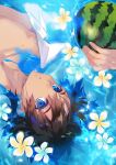  1boy blue_eyes collarbone dark_skin eyebrows_visible_through_hair flower food fruit holding holding_food holding_fruit looking_at_viewer male_focus mimizuku_auru original parted_lips partially_submerged short_hair solo water water_drop watermelon 