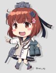  1girl adapted_turret anchor_symbol binoculars brown_eyes brown_hair cannon cherry_blossoms commentary_request dress flower grey_background grey_neckwear hair_flower hair_ornament kantai_collection looking_at_viewer machinery nao_(nao_eg) neckerchief open_mouth pointing remodel_(kantai_collection) round_teeth sailor_dress short_hair smile solo speaking_tube_headset teeth turret twitter_username upper_teeth yukikaze_(kancolle) 