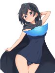  1girl absurdres alternate_costume bare_arms bare_legs bird_girl bird_tail bird_wings black_cape black_hair blue_eyes blue_neckwear blue_swimsuit blush cape commentary_request cowboy_shot eyebrows_visible_through_hair greater_lophorina_(kemono_friends) head_wings highres kemono_friends one-piece_swimsuit school_swimsuit shiraha_maru short_hair smile solo swimsuit wings 