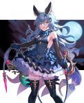  1girl :d animal_ears bangs bare_shoulders blue_dress blue_hair boots breasts cape cloud dress earrings elbow_gloves erune feathers feet_out_of_frame ferry_(granblue_fantasy) flask gloves granblue_fantasy hair_ornament highres jewelry kingyo_114 layered_dress medium_breasts moon night night_sky open_mouth petticoat round-bottom_flask sideboob sky sleeveless smile solo standing thigh_boots thighhighs wavy_hair whip x_hair_ornament 