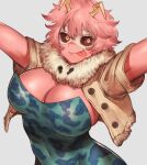  1girl absurdres arms_up ashido_mina bangs black_sclera boku_no_hero_academia breasts brown_jacket cleavage colored_sclera commentary_request covered_navel cropped_jacket fur_collar grey_background hair_between_eyes highres horns ibuo_(ibukht1015) jacket large_breasts looking_at_viewer pink_hair shiny shiny_skin short_hair short_sleeves smile solo tongue tongue_out upper_body yellow_eyes 