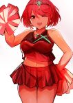  1girl absurdres bangs bare_shoulders blush breasts cheerleader chest_jewel crop_top earrings highres holding holding_pom_poms jewelry large_breasts looking_at_viewer midriff navel one_eye_closed open_mouth plump pom_pom_(cheerleading) pyra_(xenoblade) red_eyes red_hair short_hair simple_background skirt sleeveless smile solo swept_bangs tarbo_(exxxpiation) tiara xenoblade_chronicles_(series) xenoblade_chronicles_2 
