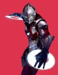  1boy energy_weapon glowing glowing_hand hayata_shinjirou highres leaning_forward open_hands power_armor red_background science_fiction shimoguchi_tomohiro solo ultra_series ultraman ultraman_(hero&#039;s_comics) white_eyes 