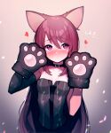  1girl absurdres animal_ears arknights beudelb blush cat_ears cat_paws choker cropped_torso elbow_gloves eyebrows_visible_through_hair eyes_visible_through_hair gloves gradient gradient_background highres korean_text long_hair melantha_(arknights) paw_gloves paws purple_eyes purple_hair single_elbow_glove solo 