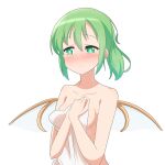  1girl bangs blush breasts cato_(monocatienus) collarbone commentary covering covering_breasts daiyousei embarrassed fairy_wings green_eyes green_hair hair_between_eyes highres medium_breasts medium_hair nude nude_cover simple_background solo touhou towel upper_body white_background wings 