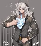  1boy alternate_costume balmung_(fate/apocrypha) dark-skinned_male dark_skin fate/grand_order fate_(series) green_eyes highres jojo_no_kimyou_na_bouken jojo_pose long_hair male_cleavage male_focus muscular muscular_male neon_trim none_(kameko227) official_alternate_costume pectorals pose scar scar_on_chest siegfried_(fate) solo super_cool_biz undressing vento_aureo watch white_hair wristwatch 