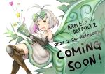  1girl antenna_hair artist_request bare_shoulders black_gloves boots bravely_default:_fairy&#039;s_effect bravely_default_(series) breasts brown_footwear brown_legwear cleavage dress elbow_gloves eyewear_on_head fairy fairy_wings fur_trim glasses gloves green_eyes heart highres knee_up official_art open_mouth party_popper pointy_ears rinne_(bravely_default) short_hair silver_hair smile solo star_(symbol) strapless strapless_dress thigh_boots thighhighs thighs white_dress wings 