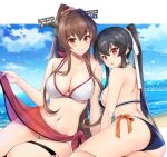  2girls ass back beach bikini black_hair blue_bikini blue_sky breasts brown_hair cherry_blossoms cleavage cloud hair_ornament ichinomiya_(blantte) kantai_collection long_hair looking_at_viewer looking_back multiple_girls ocean ponytail red_eyes red_sarong sarong side-tie_bikini sidelocks sitting sky smile stomach swimsuit thigh_strap white_bikini yahagi_(kancolle) yamato_(kancolle) 