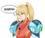  1girl arm_cannon armor bangs blonde_hair blue_eyes english_text francisco_mon glowing gun helmet highres long_hair looking_at_viewer metroid metroid_dread ponytail power_armor samus_aran science_fiction sidelocks simple_background solo upper_body weapon white_background 