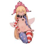  1girl absurdres american_flag_legwear artist_name blonde_hair blush breasts clownpiece doro_au fairy_wings full_body hair_between_eyes hat heart heart-shaped_pupils heart_pasties highres jester_cap light_smile long_sleeves looking_at_viewer meme_attire navel neck_ruff pasties pink_eyes pink_headwear polka_dot revealing_clothes reverse_bunnysuit reverse_outfit shrug_(clothing) simple_background small_breasts solo star_(symbol) star_print stomach symbol-shaped_pupils thighhighs touhou white_background wings 