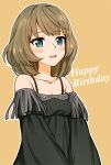  1girl :d bare_shoulders black_dress blush breasts brown_hair cleavage dress green_eyes happy_birthday idolmaster idolmaster_cinderella_girls looking_at_viewer medium_hair off-shoulder_dress off_shoulder open_mouth outline smile solo takagaki_kaede white_outline yoban 