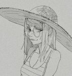  bare_shoulders breasts cleavage gigawix glasses graphite_(medium) hat light_smile lineart long_hair looking_at_viewer monochrome original round_eyewear sideways_glance sketch straw_hat striped_tank_top sun_hat tank_top traditional_media upper_body 