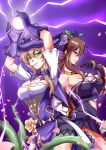  2girls absurdres adjusting_hair arms_up atawatsho bangs bare_shoulders belt breasts brown_hair cleavage collarbone commentary crossover detached_sleeves dress energy_ball english_commentary eyebrows_visible_through_hair eyes_visible_through_hair flower genshin_impact gloves granblue_fantasy green_eyes hair_between_eyes hair_flower hair_ornament hand_on_hip hat highres jewelry large_breasts lightning lisa_minci long_hair looking_at_viewer looking_to_the_side low-tied_long_hair multiple_girls necklace off-shoulder_dress off_shoulder parted_lips petals purple_background purple_eyes purple_flower purple_gloves purple_rose rose rose_petals rosetta_(granblue_fantasy) seiyuu_connection sidelocks simple_background smile tanaka_rie thorns trait_connection witch_hat 