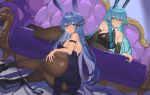  2girls absurdres anchor animal_ears aqua_hair ass ass_focus azur_lane bare_shoulders between_breasts black_legwear blue_eyes blue_hair blush bodystocking boise_(azur_lane) boise_(sheepish_sapphire)_(azur_lane) braid breasts bunny_ears couch elbow_gloves from_behind gloves hair_ornament hand_on_own_ass high_heels highres jintianhuahualema leotard looking_at_viewer looking_back lying multiple_girls necktie necktie_between_breasts new_jersey_(azur_lane) new_jersey_(exhilarating_steps!)_(azur_lane) official_alternate_costume playboy_bunny shiny shiny_clothes smile twin_braids yellow_eyes 