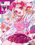  1girl :d akamatsu_kaede bag bangs blonde_hair blush breasts brown_flower collared_shirt commentary_request danganronpa_(series) danganronpa_v3:_killing_harmony flower hair_flower hair_ornament hand_up highres large_breasts long_hair long_sleeves looking_at_viewer miniskirt necktie open_mouth osshouri55 pink_flower pink_skirt pink_vest pleated_skirt red_flower shirt shoes skirt smile solo sweater_vest vest white_shirt 