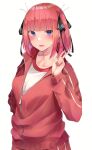  1girl absurdres bangs blue_eyes blunt_bangs blush breasts butterfly_hair_ornament collarbone commentary go-toubun_no_hanayome gym_shirt gym_uniform hair_ornament hair_ribbon highres jacket looking_at_viewer nakano_nino open_mouth pink_hair red_jacket red_legwear ribbon shirt short_hair solo track_jacket v white_shirt yuunamida_uyu 